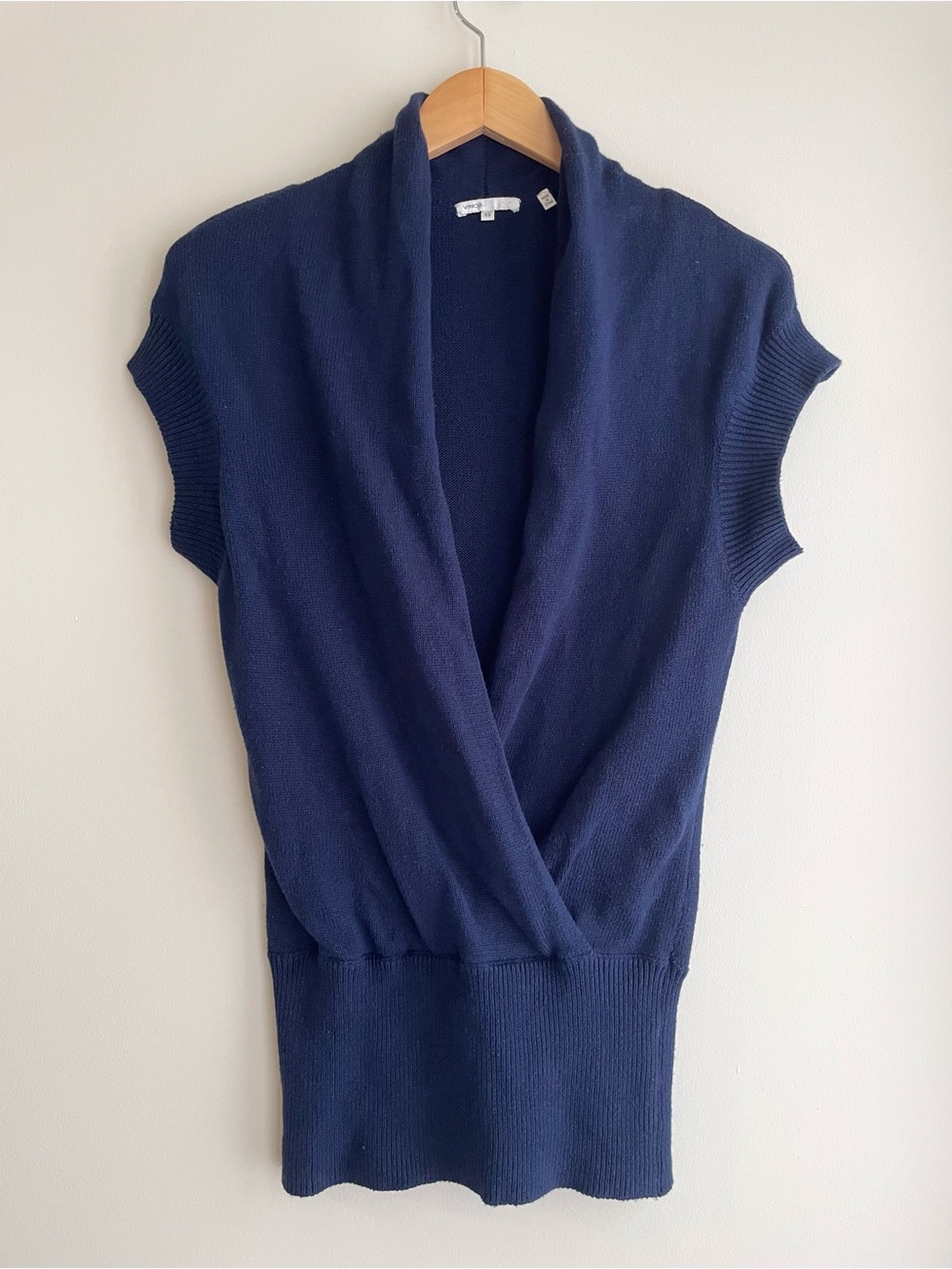 Vince. Cotton Cashmere Navy Short-Sleeve Wrap Sweater